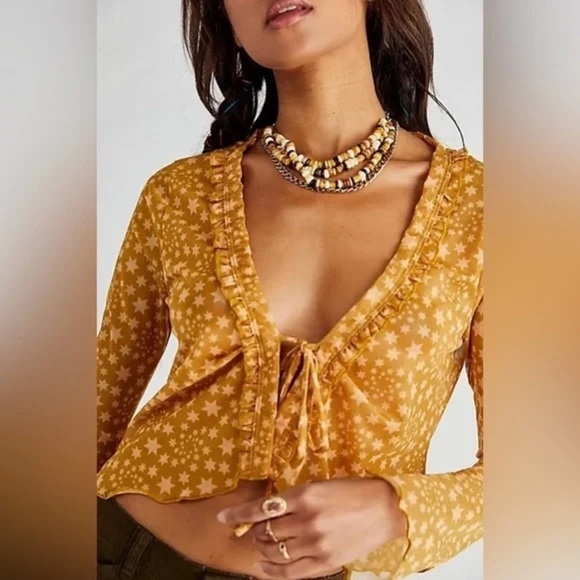 Free People Marne Tie Front Mesh Top Star Print Sheer Gold Orange Long Sleeves - Picture 2 of 8